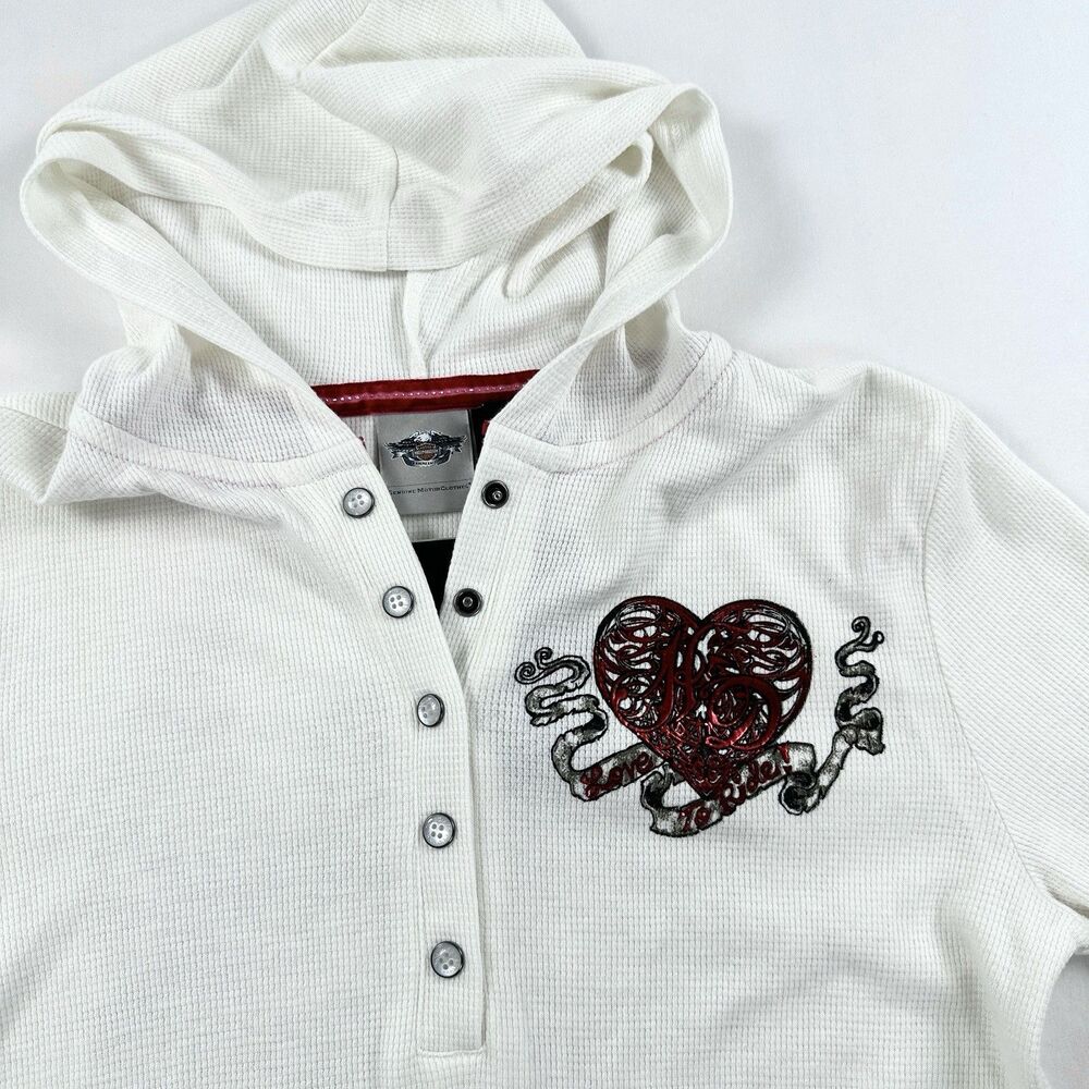 Harley Davidson Thermal Henley Hoodie Womens Medium Biker Y2K Tattoo Heart - Picture 3 of 13
